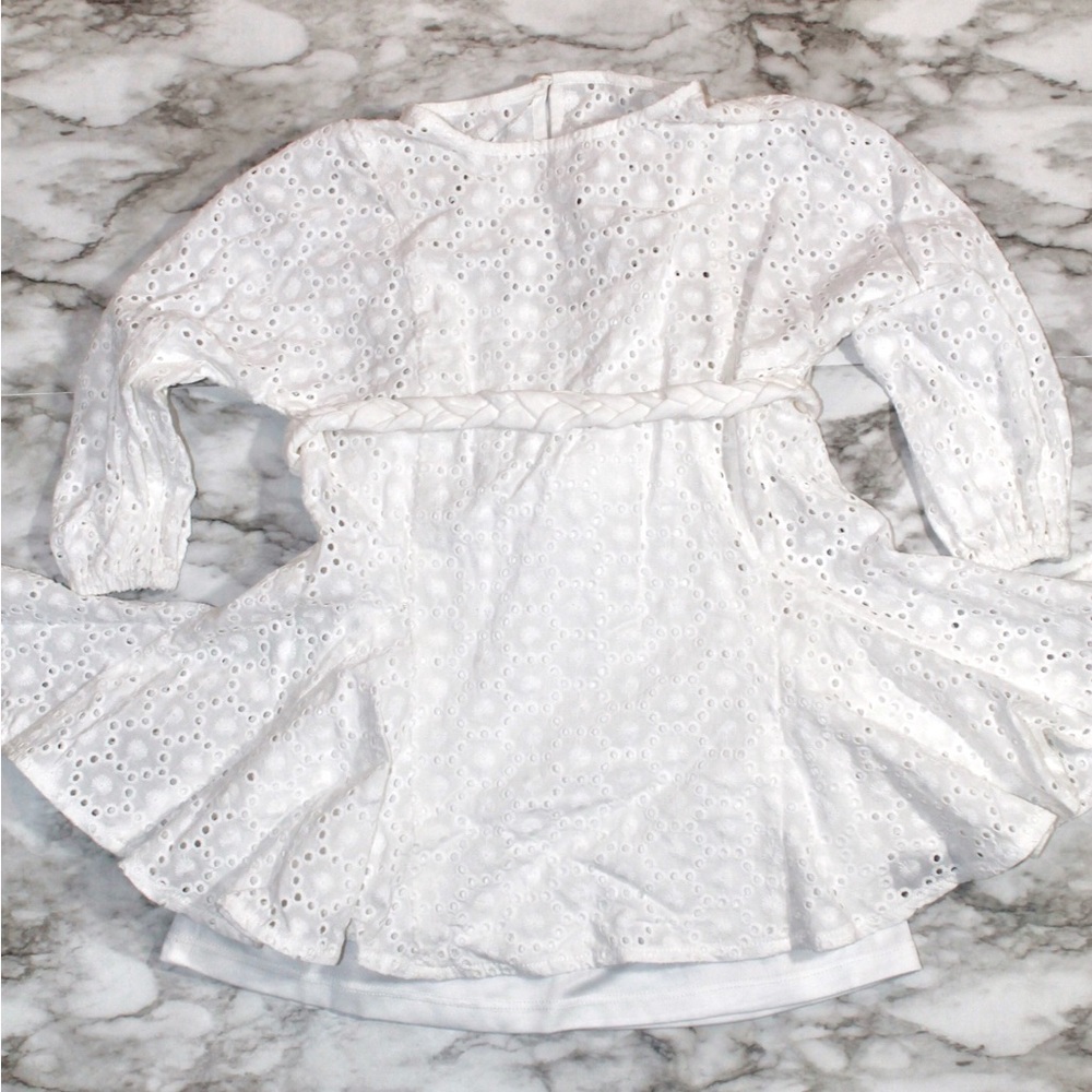 GB Girls White Embroidered Eyelet Waist-Tie Dress